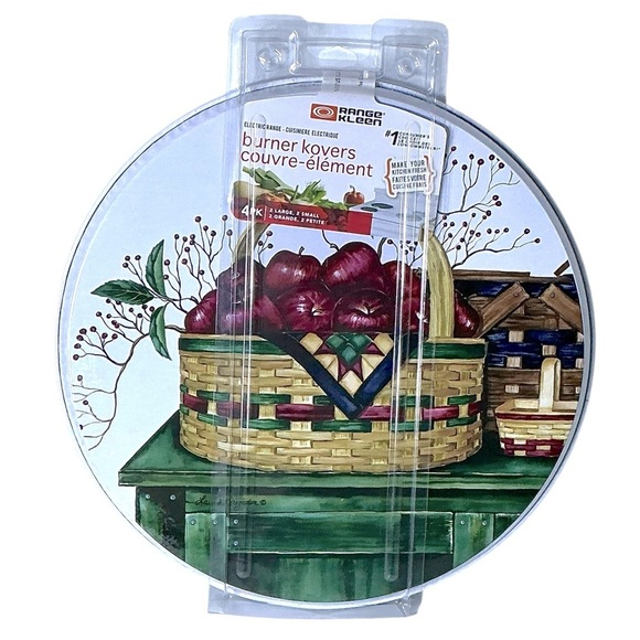 Stove Burner Covers Apple Basket Kitchen Decor Metal Round Set of 4 Pieces - Picture 2 of 14